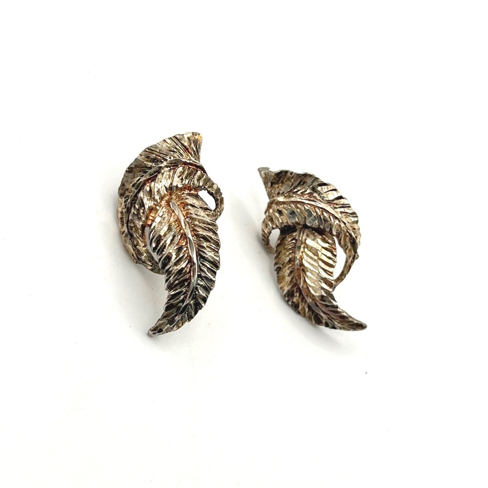 Vintage Sterling Silver Textured Leaf Stud‎ Earrings Curved Botanical Jewelry